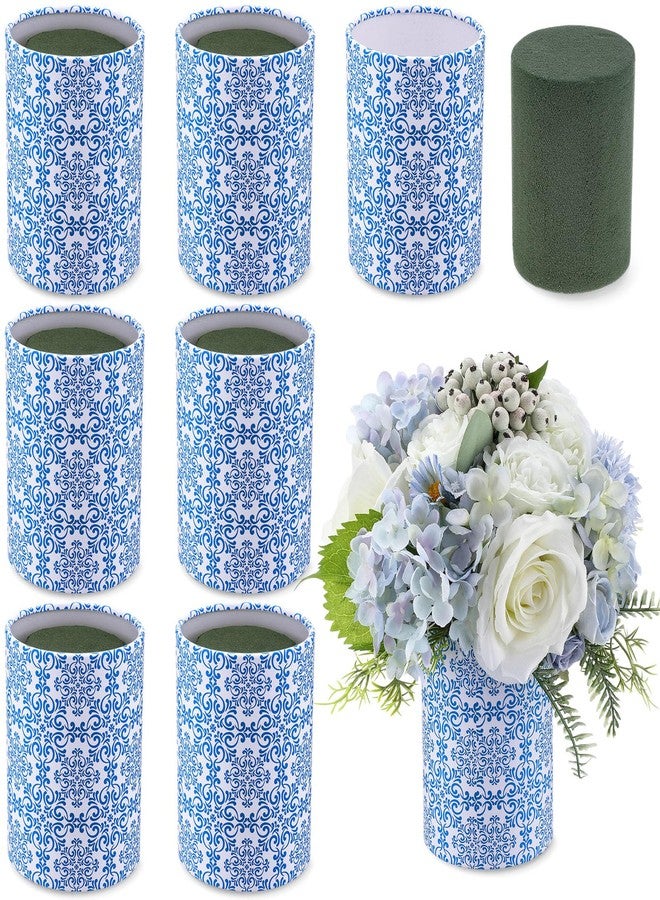 LemonRoad 6 Set Blue and White Porcelain Round Flower Box with Paper Removable Foam Vase Chinoiserie Vase Paper for Wedding Artificial Flowers Kitchen Party Table Centerpiece Home Decorations - Image 1